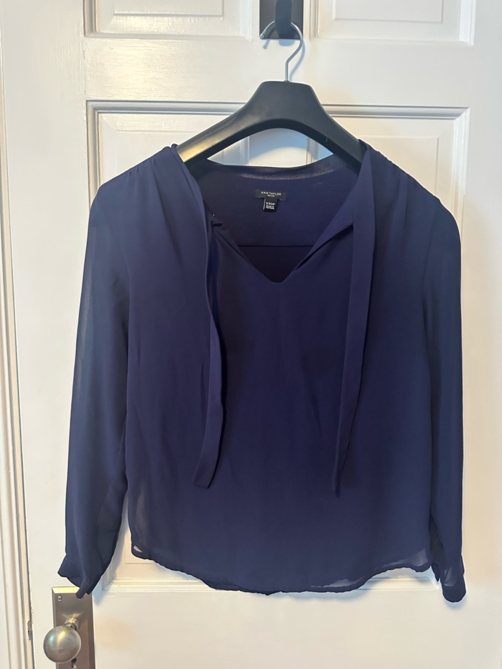 Ann Taylor Petite Navy Tie-Neck Long-Sleeve Blouse - XXSP